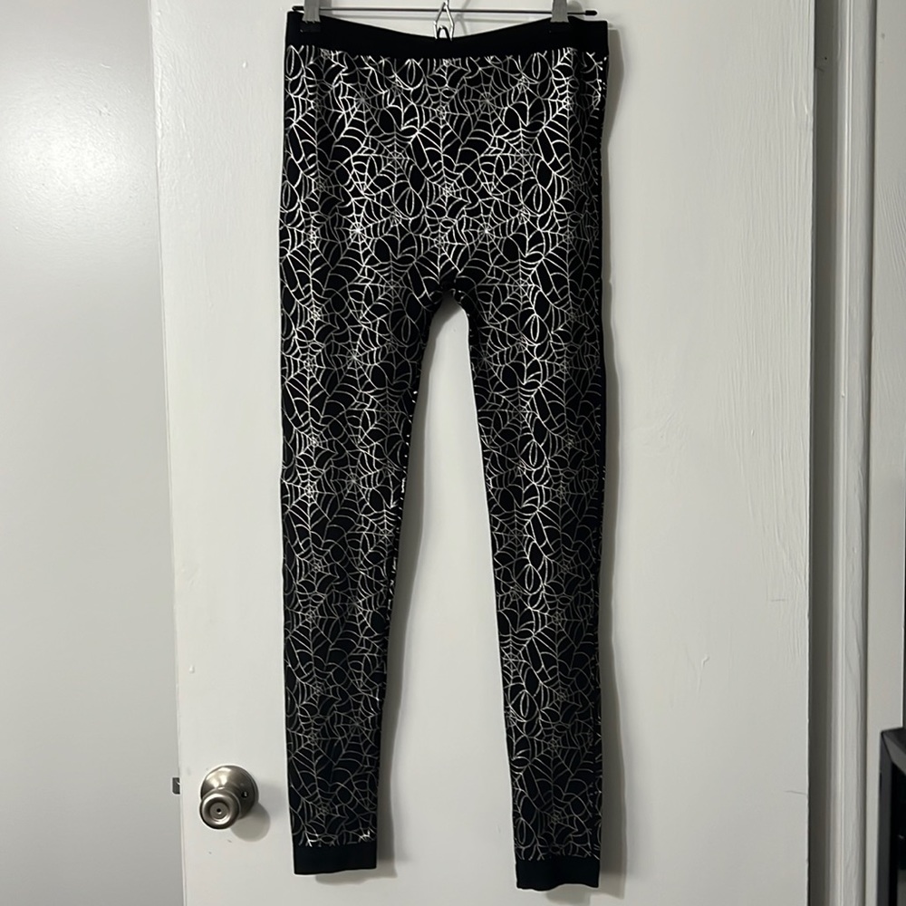 Halloween Black Leggings with Metallic Silver Spider Web Pattern size XL